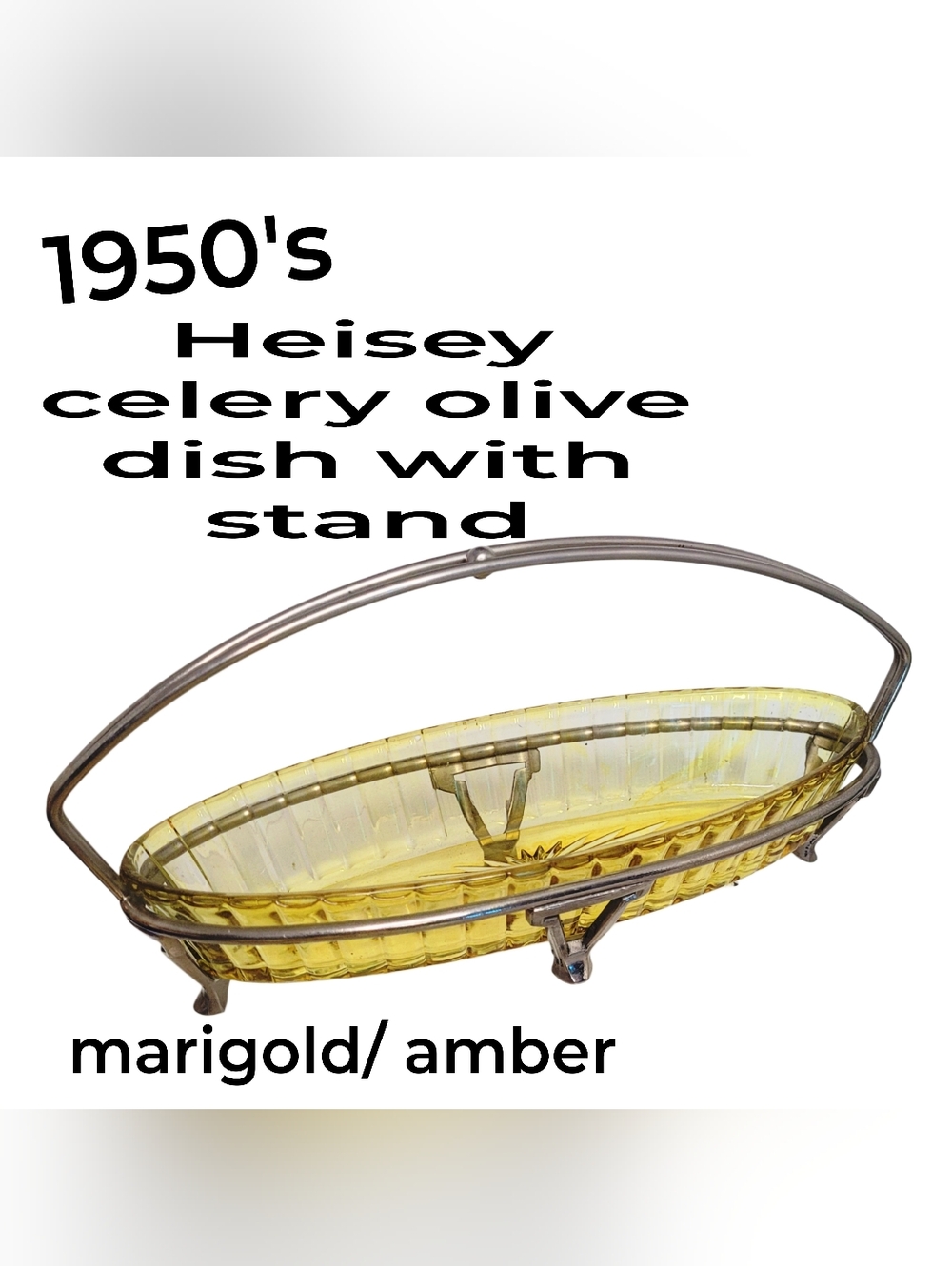 Vintage 50s Heisey Marigold/ Amber Glass Celery Olive Serving Dish Metal Stand